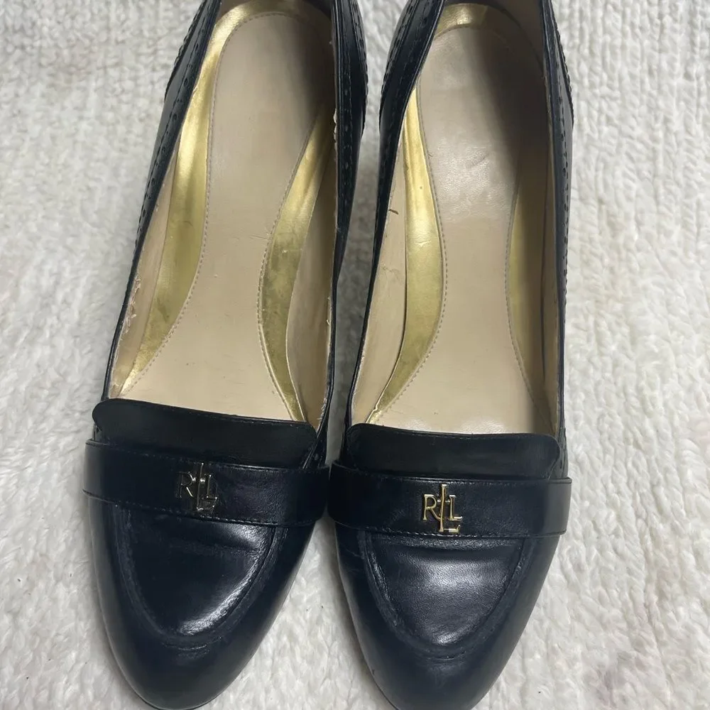 Lauren Ralph Lauren Classic Leather Black Heels gold tone logo accent SZ10M